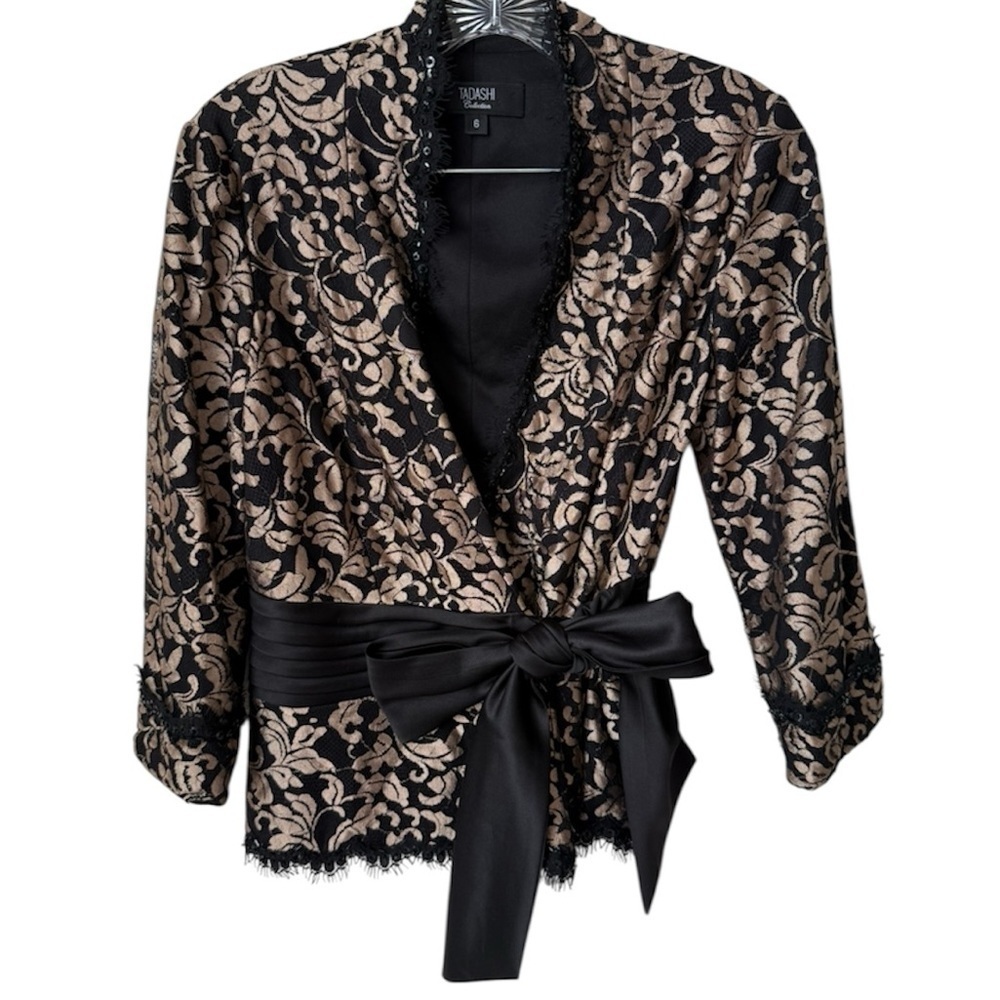 Tadashi Collection Wrap Jacket Black Lace Overlay Floral Sequence Beaded Size 6